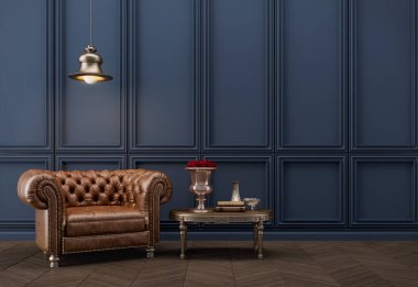 Klasik tarz iç mekan. Lambalı deri koltuk ve mavi duvar 33D.