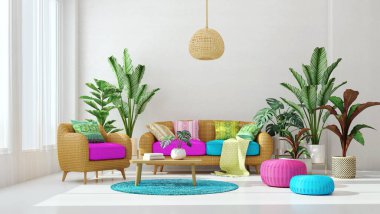 Living room design with magenta and blue color.Plant on  background.Rattan sofa and armchair.3d rendering