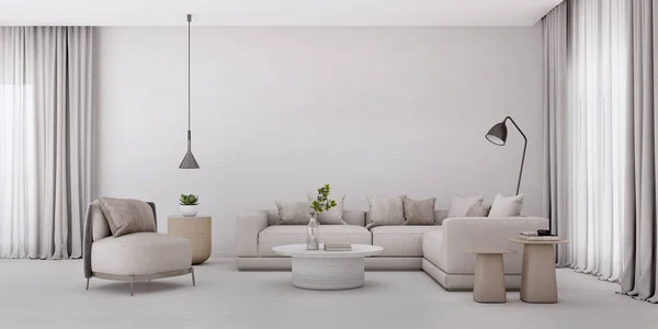 Soggiorno Bianco Stile Moderno Divano Poltrona Tavolo Minimal Concept Rendering — Foto Stock