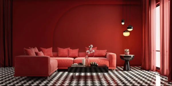 Interior Estilo Clásico Moderno Con Pared Roja Sofá Mesa Lámpara — Foto de Stock