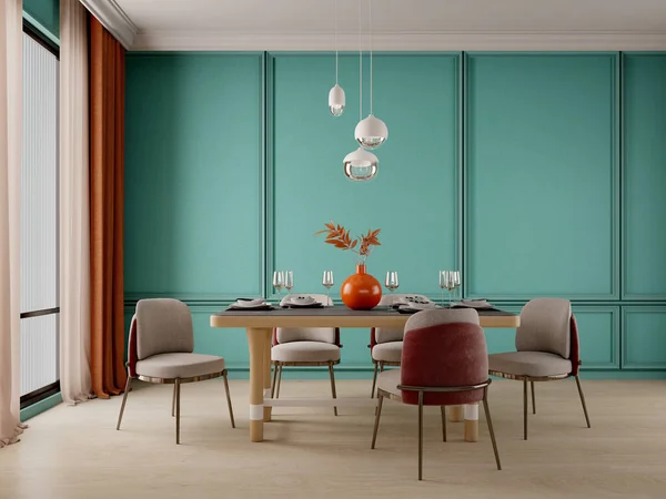 Esszimmerdesign Mit Grüner Wand Stühlen Tisch Lampe Und Holzboden — Stockfoto