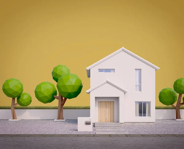 白い家の外観 黄色の背景を持つケーブル屋根 ガラス窓 低ポリの木 — ストック写真