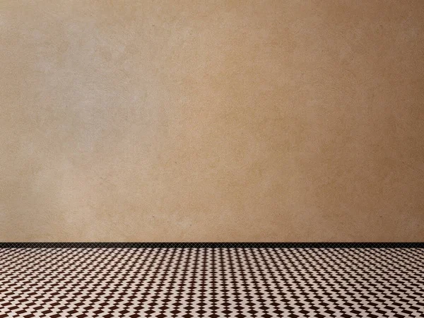 Prázdná Místnost Hnědou Rustikální Stěnou Dlaždicovými Podlahami Vykreslování — Stock fotografie