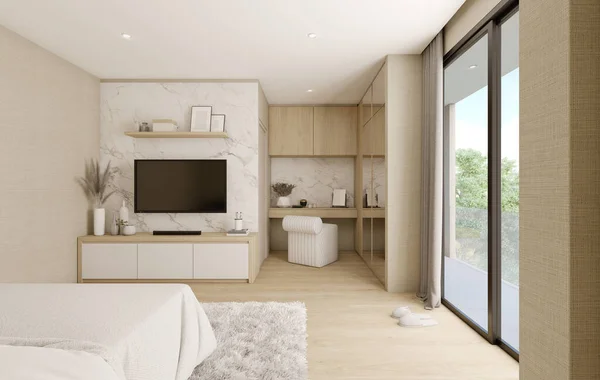 Modernes Schlafzimmer Mit Kleiderschrank Teppich Fernseher Der Wand Und Holztisch — Stockfoto