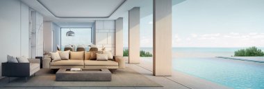 Oturma odası, modern sahil evi ya da yüzme havuzlu otel panoraması ve 33D teras.