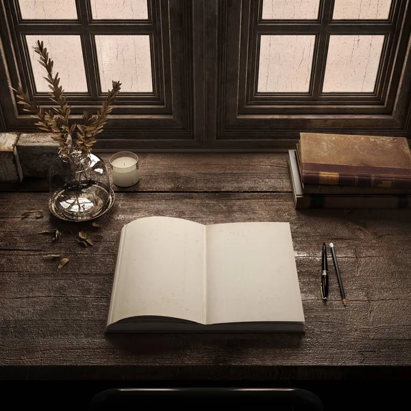 Open empty book on wooden desk in old room with ancient books.Retro writers desk.3d illustration