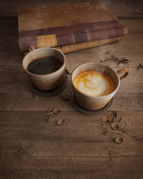 Two Vintage Coffee Cups Wooden Table Old Books Rendering — Stock Photo, Image