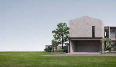 Çimen çimenli ve emlak reklamları için fotokopi alanı olan modern dış ev. 3d oluşturma