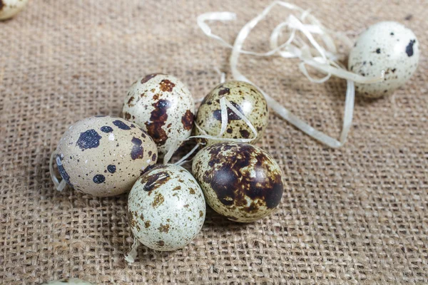 Jaja przepiórcze na płótnie tkaniny — Zdjęcie stockowe
