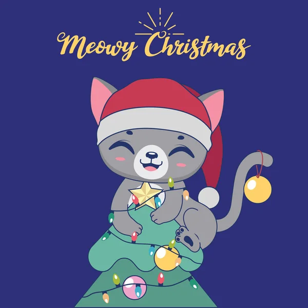 Weihnachtsillustration Mit Einer Süßen Schelmischen Katze Auf Einem Baum — Stockvektor