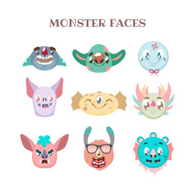 Renkli çeşitli canavar portreleri.