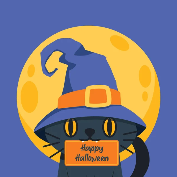 Černá Kočka Klobouku Čarodějnice Drží Halloween Pozdrav Ústy — Stockový vektor