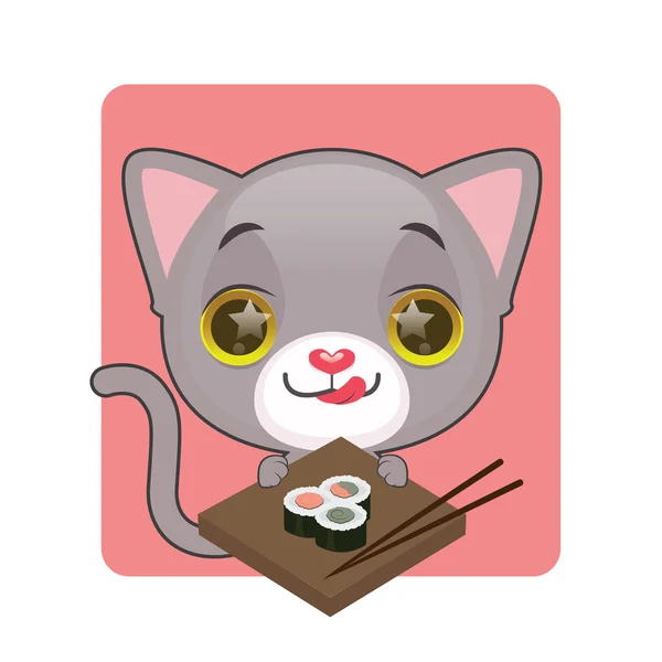 Söt grå katt ivriga att äta sushi — Stock vektor