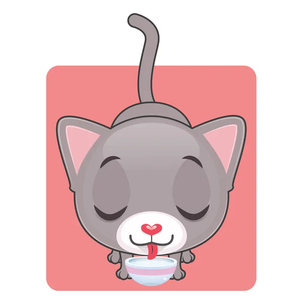 可爱的灰色猫吃牛奶 — 图库矢量图片
