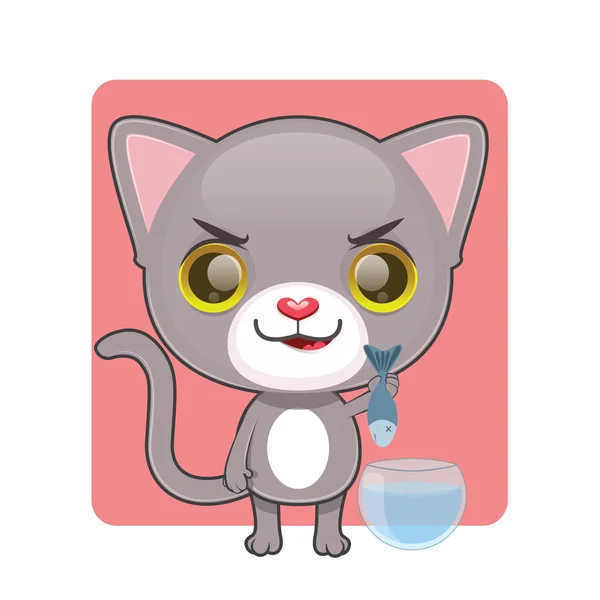 可爱的灰色猫咪，从他们的碗拉一条鱼 — 图库矢量图片