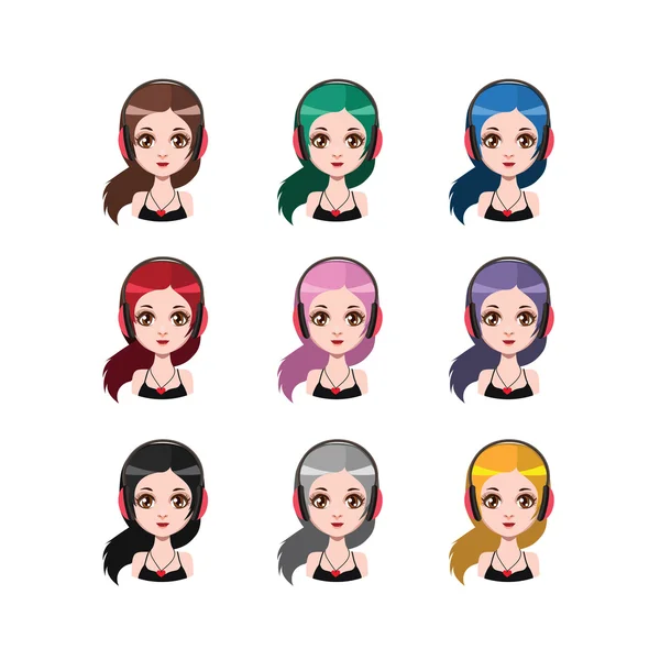 Mädchen mit Kopfhörer und Pferdeschwanz - 9 verschiedene Haarfarben (flache Farben) ) — Stockvektor