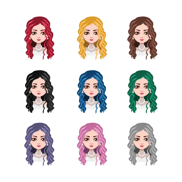 Mulher elegante com cabelos longos encaracolados - 9 cores de cabelo diferentes (cores planas  ) — Vetor de Stock