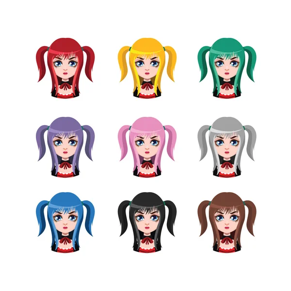 Meisje met Twin Tails-9 verschillende haar kleuren (platte kleuren ) — Stockvector