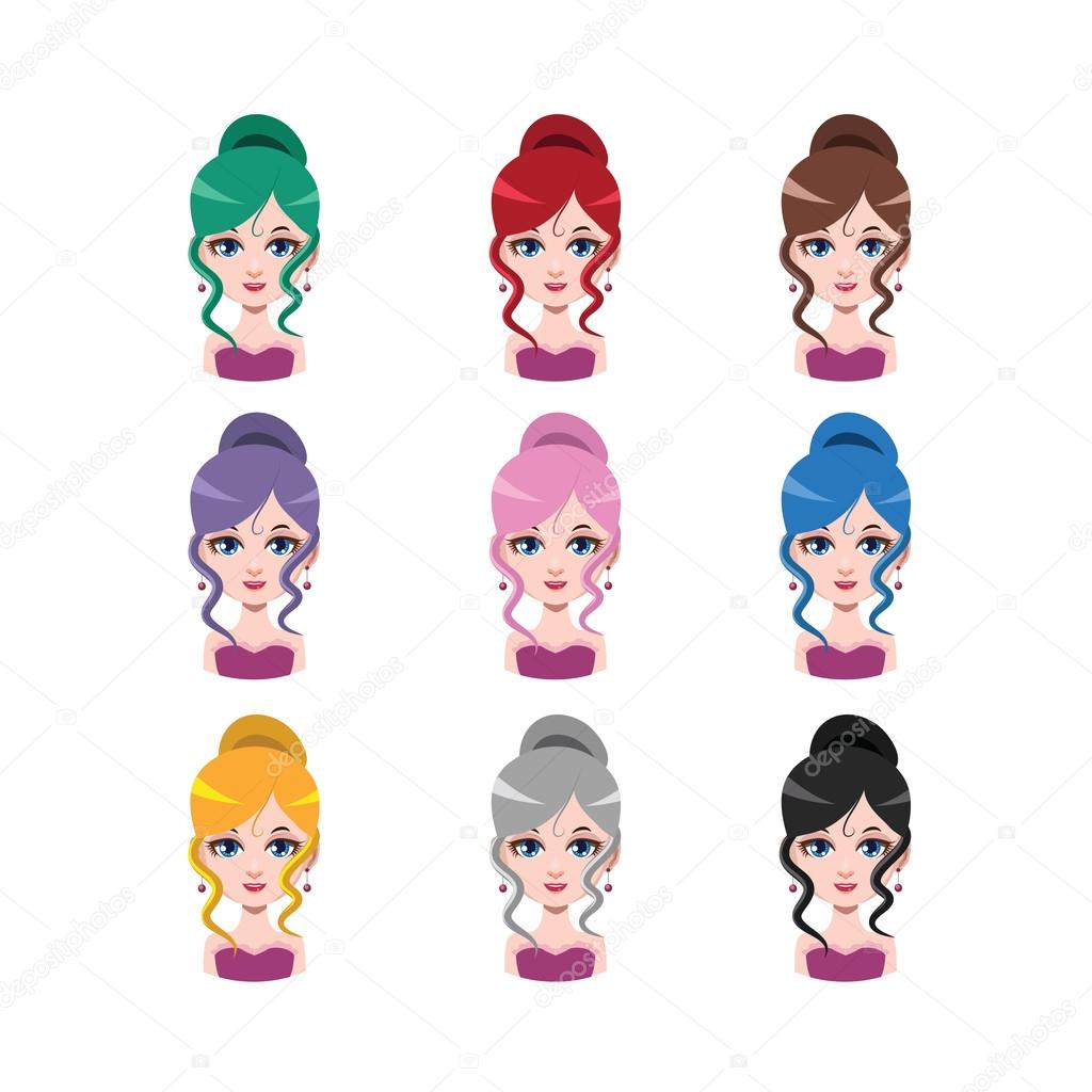 Elegant woman with hair in a bun - 9 different hair colors ( flat colors )