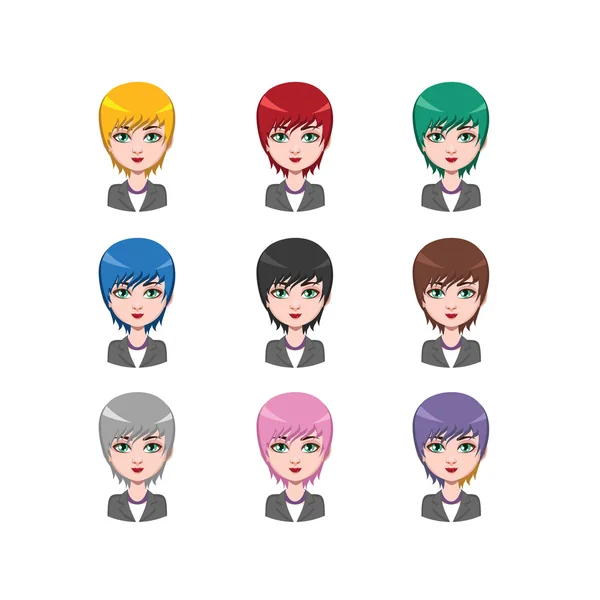 Mujer de negocios de pelo corto - 9 colores de cabello diferentes (colores planos  ) — Archivo Imágenes Vectoriales