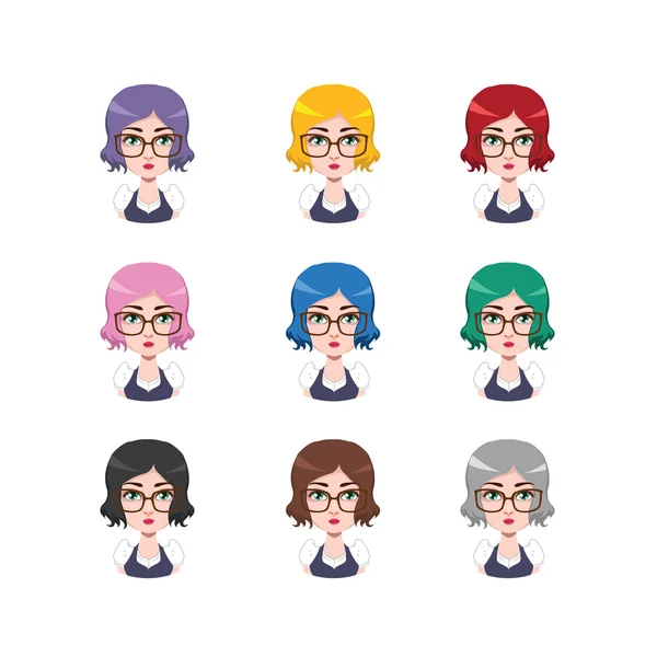 Ragazza con gli occhiali - 9 diversi colori di capelli (colori piatti  ) — Vettoriale Stock
