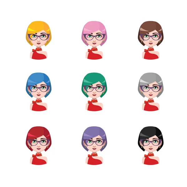 Mujer elegante con gafas - 9 colores de pelo diferentes (colores planos  ) — Archivo Imágenes Vectoriales