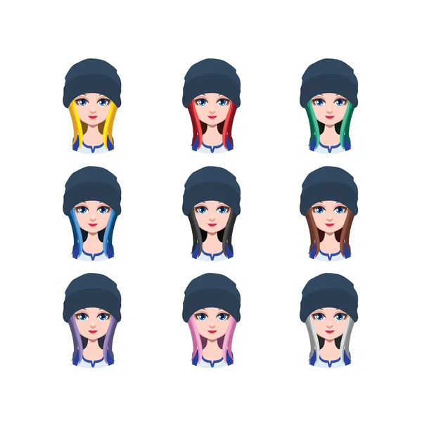 Chica de pelo largo con gorro - 9 colores de pelo diferentes (colores planos  ) — Vector de stock