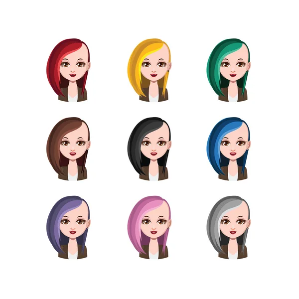 Hipster dziewczyna z długimi włosami-9 różnych kolorach włosów (płaskie kolory ) — Wektor stockowy
