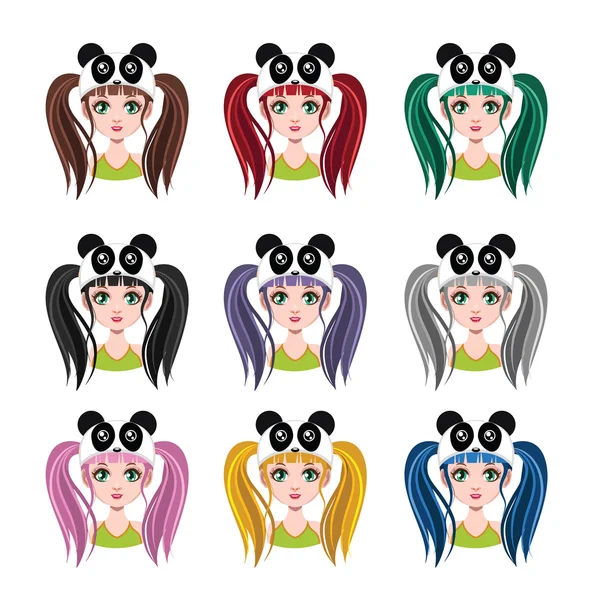 女孩与熊猫帽子 - 9种不同的头发颜色（平面颜色 ) — 图库矢量图片