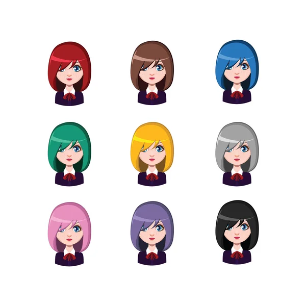 Chica de la escuela casual - 9 colores de cabello diferentes (colores planos  ) — Archivo Imágenes Vectoriales