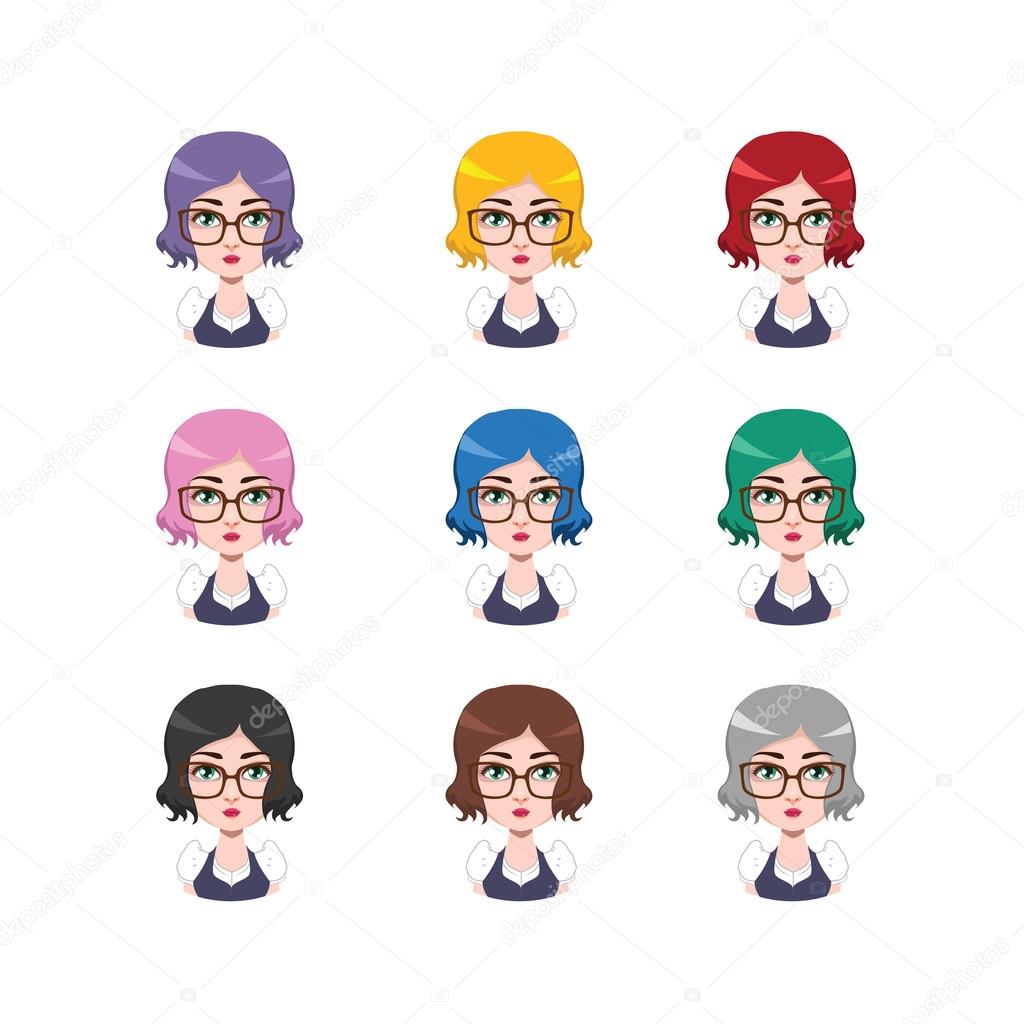 Girl with glasses - 9 different hair colors ( flat colors )