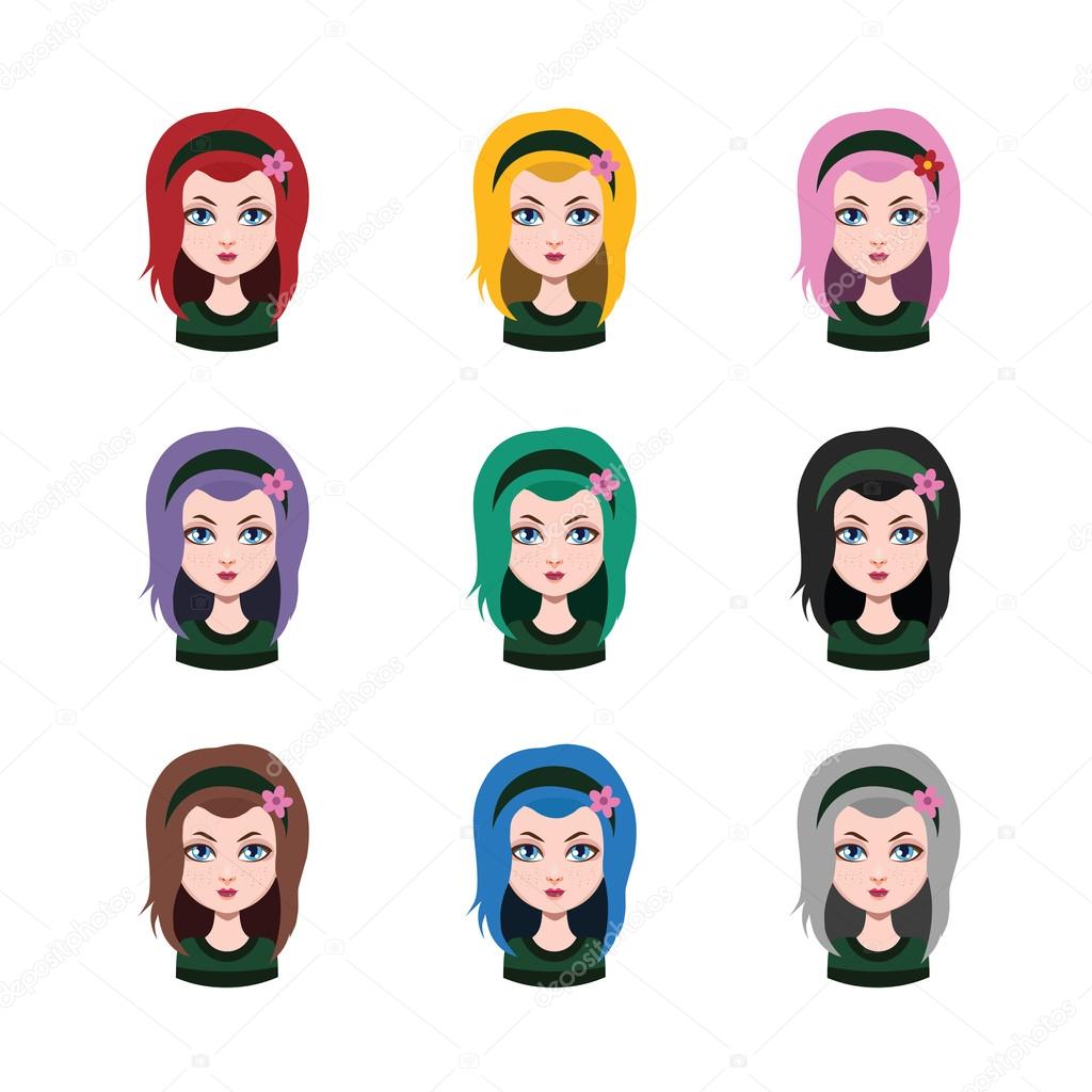 Long haired girl with headband - 9 different hair colors ( flat colors )