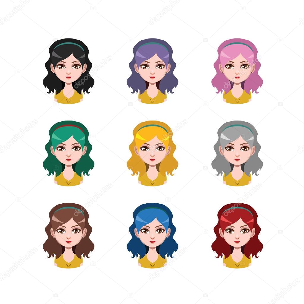 Casual long haired girl - 9 different hair colors ( flat colors )