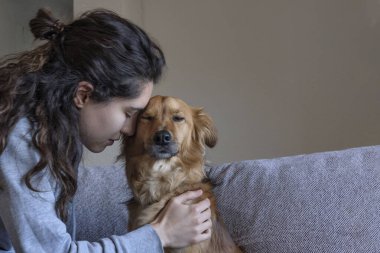 Genç bir kadın köpeğininkiyle başını destekliyor. Aşk konsepti. Hayvan sevgisi. Boşluğu kopyala.