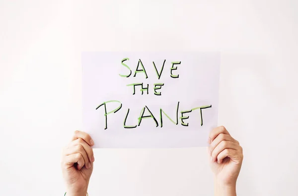 Les Mains Tiennent Une Affiche Avec Mot Planet Sur Fond — Photo