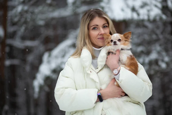 Blonde Young Female Holding Ginger White Chihuahua Her Hands Snow — Stock Photo, Image