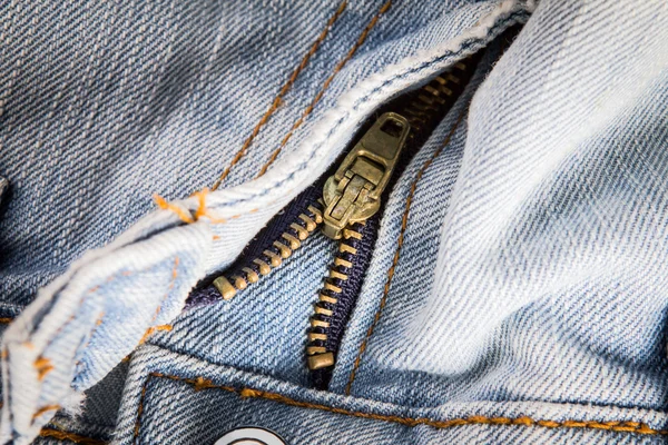 Closeup metal zipper of jeans pants, selective focus — Stok Foto