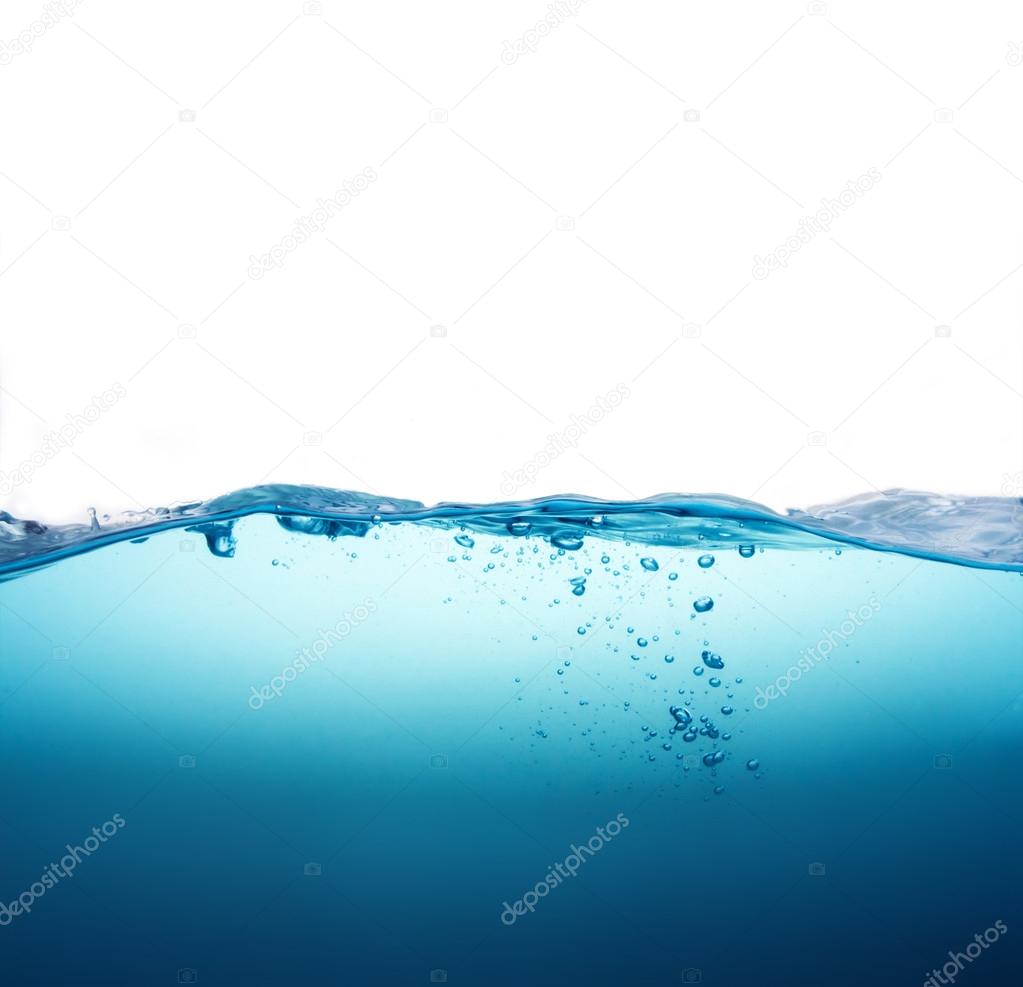 Close up blue Water splash with bubbles on white background