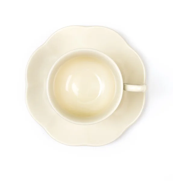 흰색 배경에 흰색 차 또는 커피 컵의 상위 뷰 — 스톡 사진