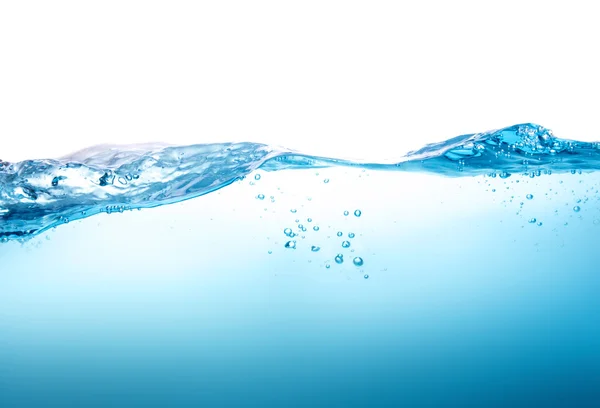 Fechar azul respingo de água com bolhas no fundo branco — Fotografia de Stock