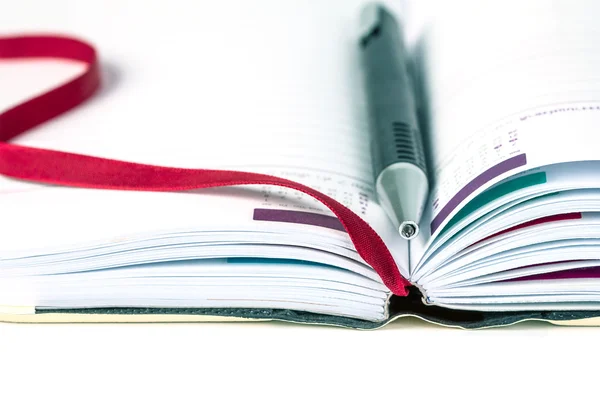 Selektywne focus długopis na otwarty pokryte pamiętnik książka z cale — Zdjęcie stockowe