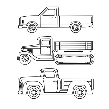 Renklendirme için eski kamyonların doğrusal simgeleri.