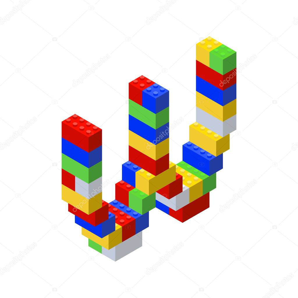 Isometric font made from color plastic blocks. The childrens designer. Letter W.