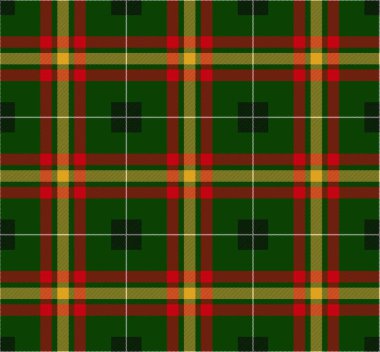 Kareli kumaş için geleneksel Noel modeli. İskoç kumaşı, kafes. Kırmızı, yeşil, sarı, siyah ve beyaz kareler. Vektör illüstrasyonu.