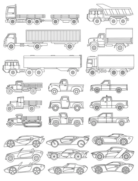Um grande conjunto de carros desenhados em estilo linear. Ilustração vetorial. — Vetor de Stock