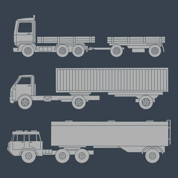 Conjunto Silhuetas Desenhadas Camiões Com Reboques —  Vetores de Stock