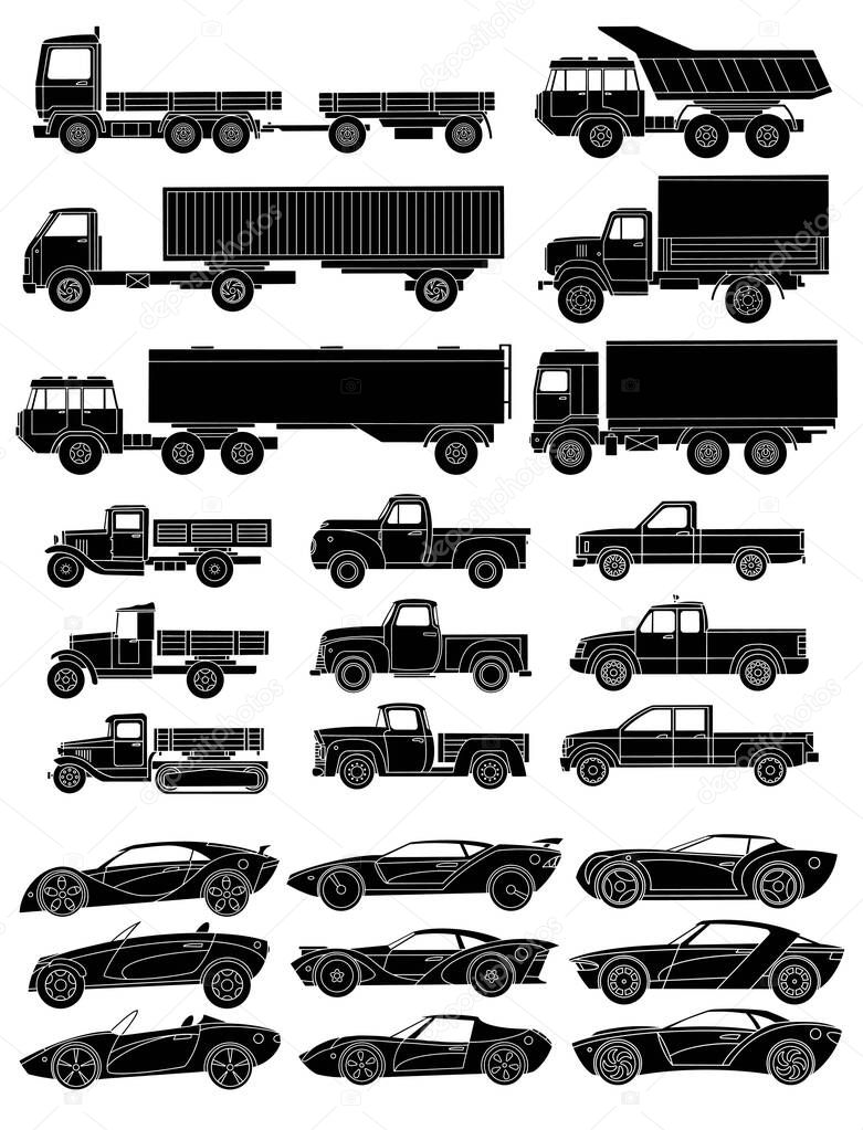 Set of drawn cars side view. Black silhouette with detailed details.
