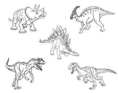 Beyaz arkaplanda izole edilmiş renkli sayfalar için dinazorların doğrusal çizimleri. Stegosaurus, Triceratops, Raptor, Allosaurus, Hadrosaurus. Vektör ortamı