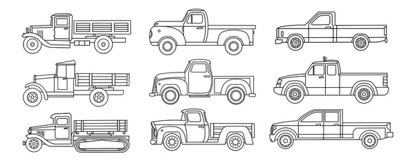 ヴィンテージトラックのセット 着色のための線形図面 ベクトル クリップ — ストックベクタ