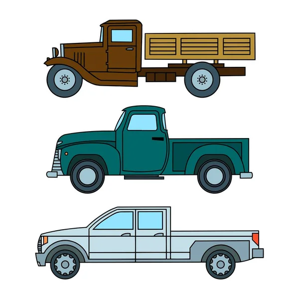 Set Van Gekleurde Vintage Speelgoed Trucks Zijaanzicht Vector Clipart — Stockvector